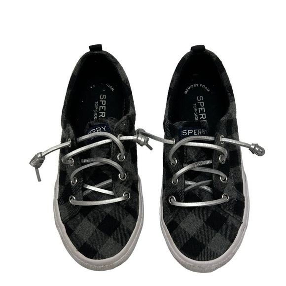 Sperry Girls SZ 1 Top Sider Pier Black Gray Weave Checker Sneaker Loafer Shoes - Picture 2 of 9